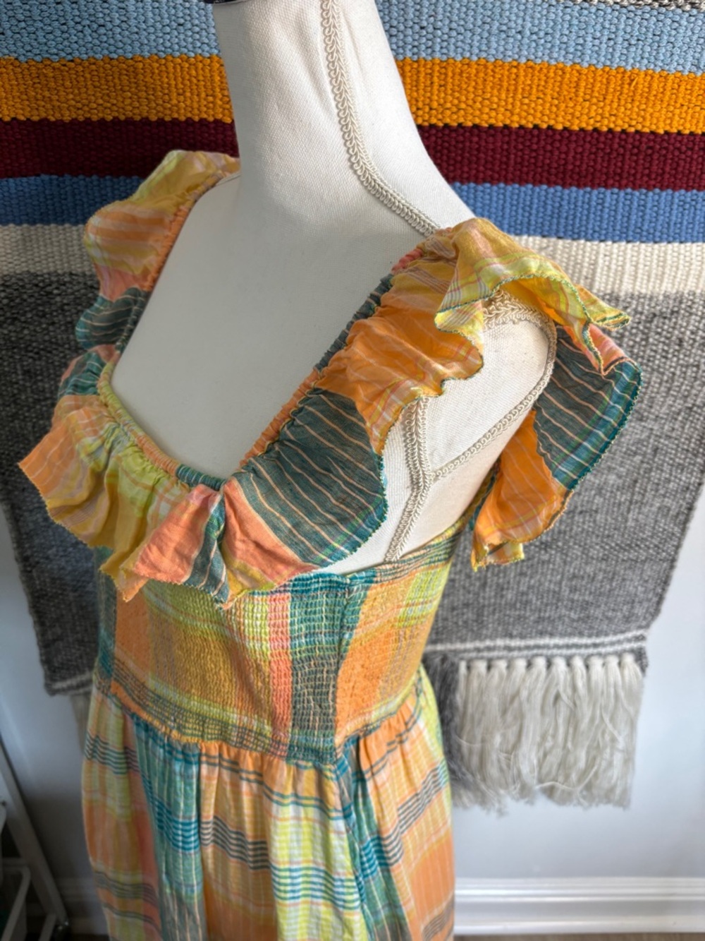 🚨Vineyard Vines Pastel Plaid Cotton Ruffle-Smock Midi Dress Medium - Picture 3 of 7
